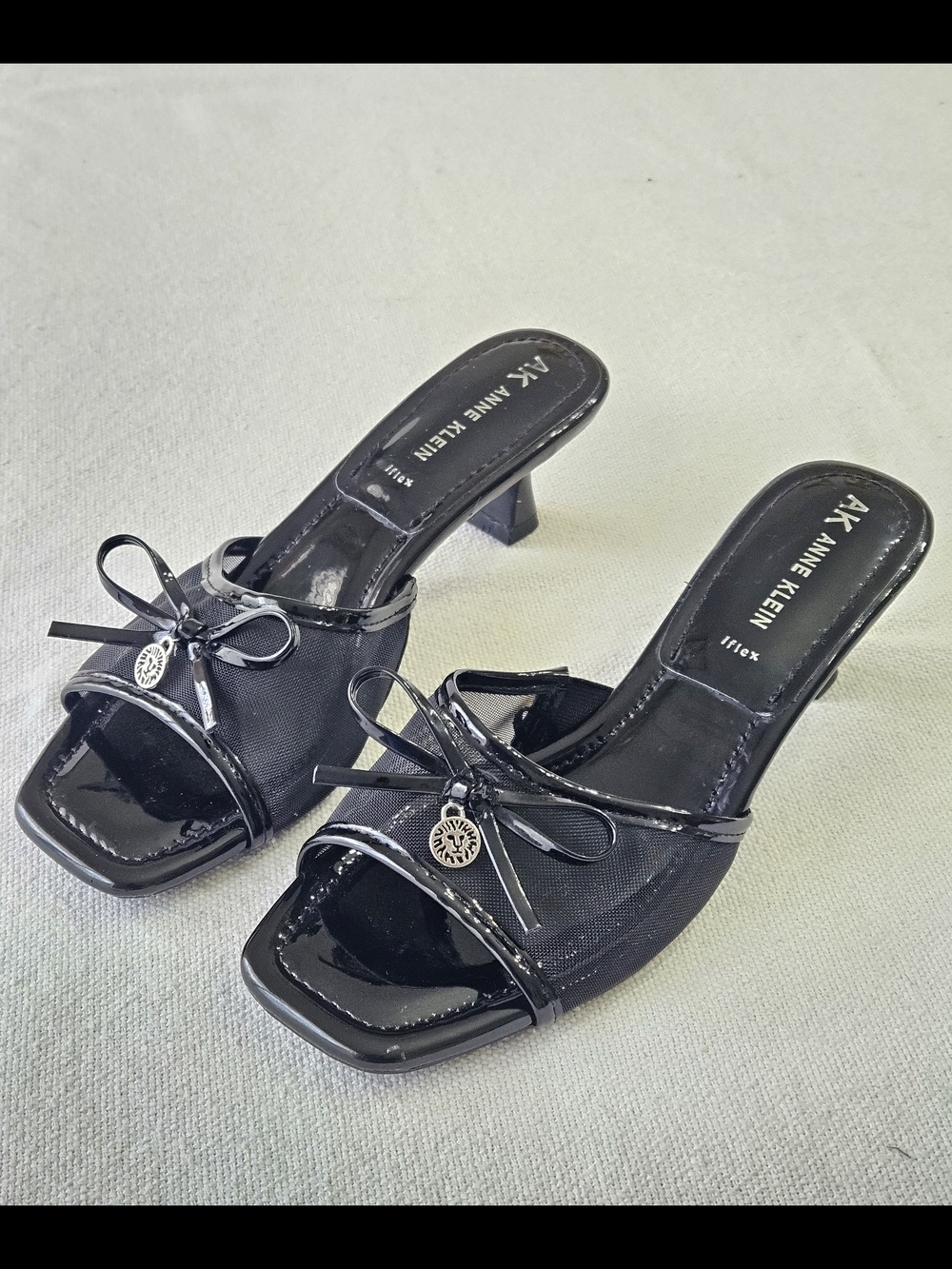 Anne Klein Black Patent & Mesh Bow Slip-On Mules